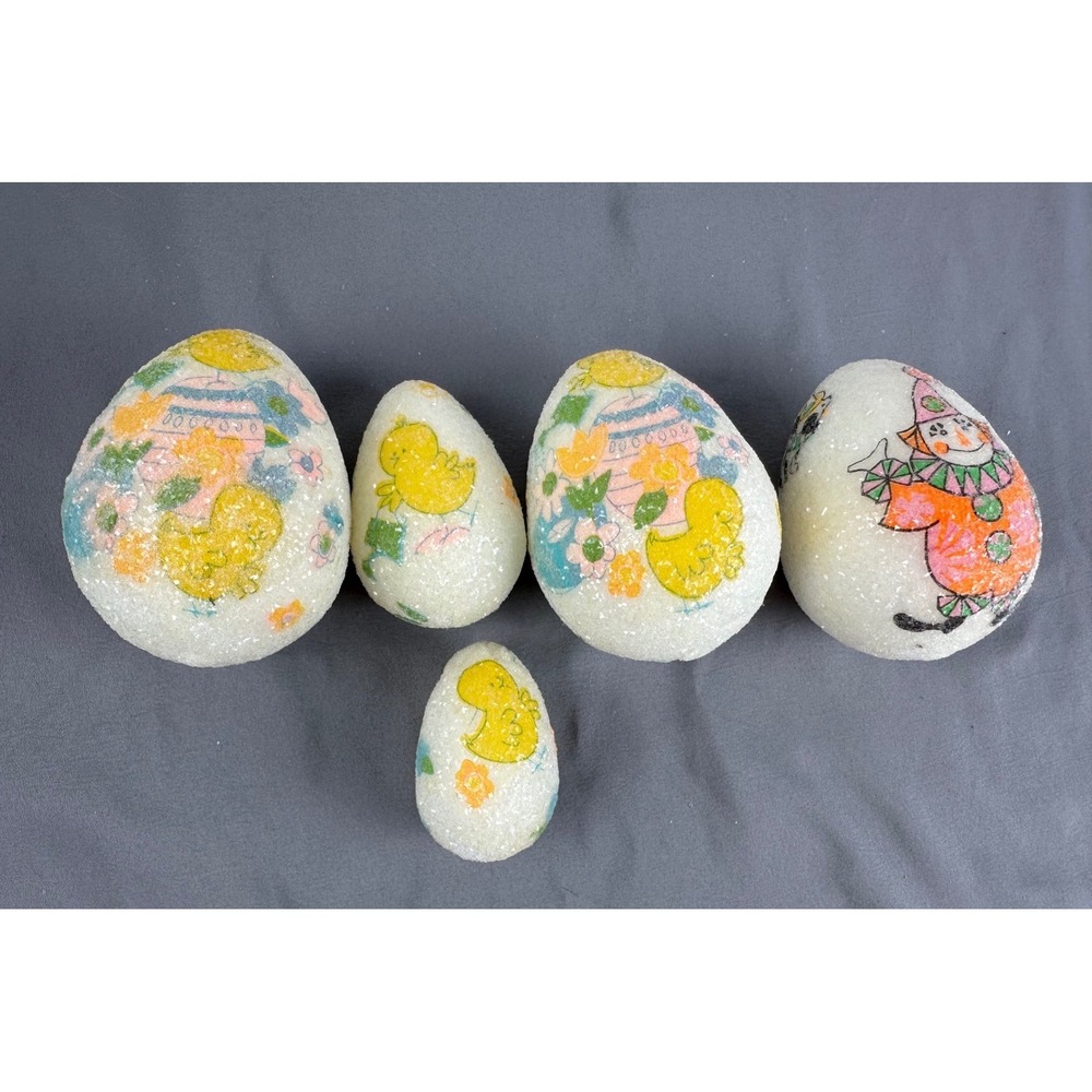 Vintage Sugared Styrofoam Easter Eggs Chick Clown Bunny‎ Set of 5